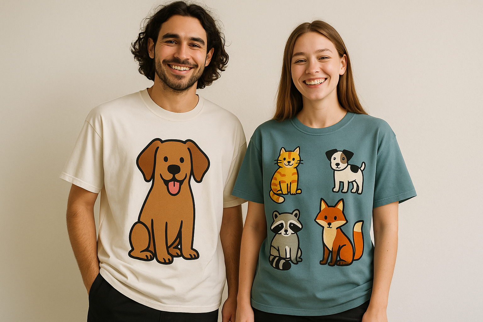 MAN AND WOMAN WEARING AN OVERSIZED TSHIRT WITH ANIMAL THEMED DESIGN ON IT 